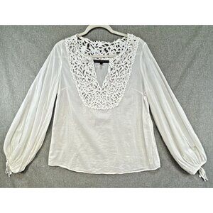White House Black Market Womens Crochet Lace Blouse Size 4 White Long Sleeve